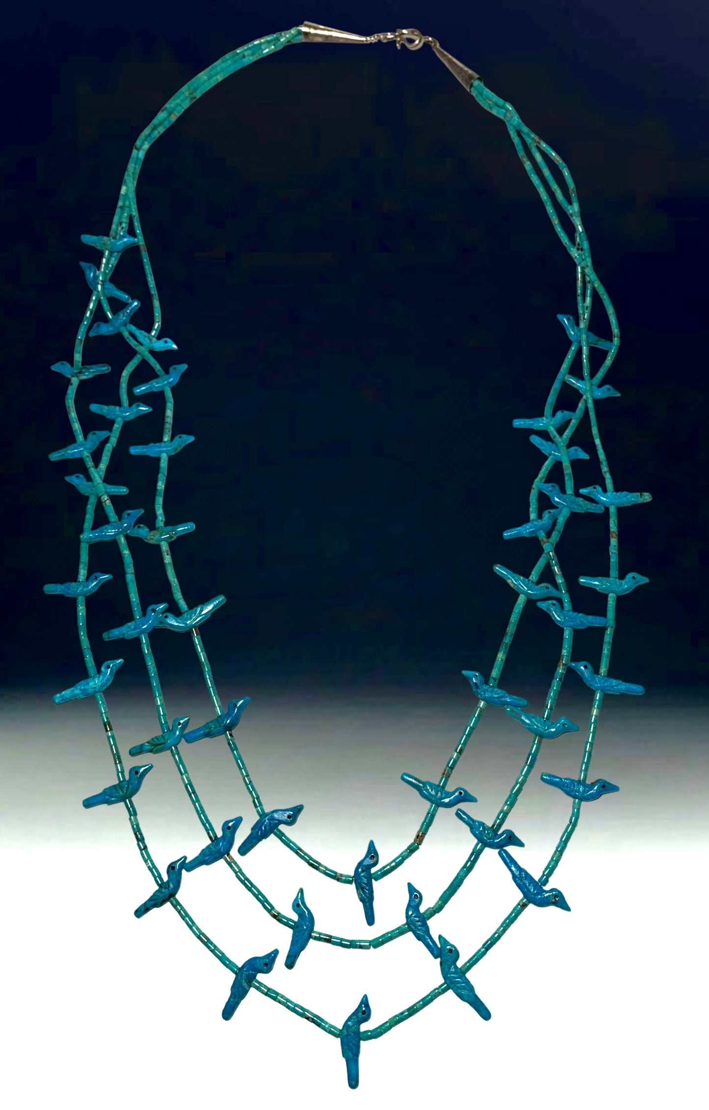 1970s Native Zuni 3 Strand Turquoise Bird Fetish Necklace By Lavina Tsikewa (d.)